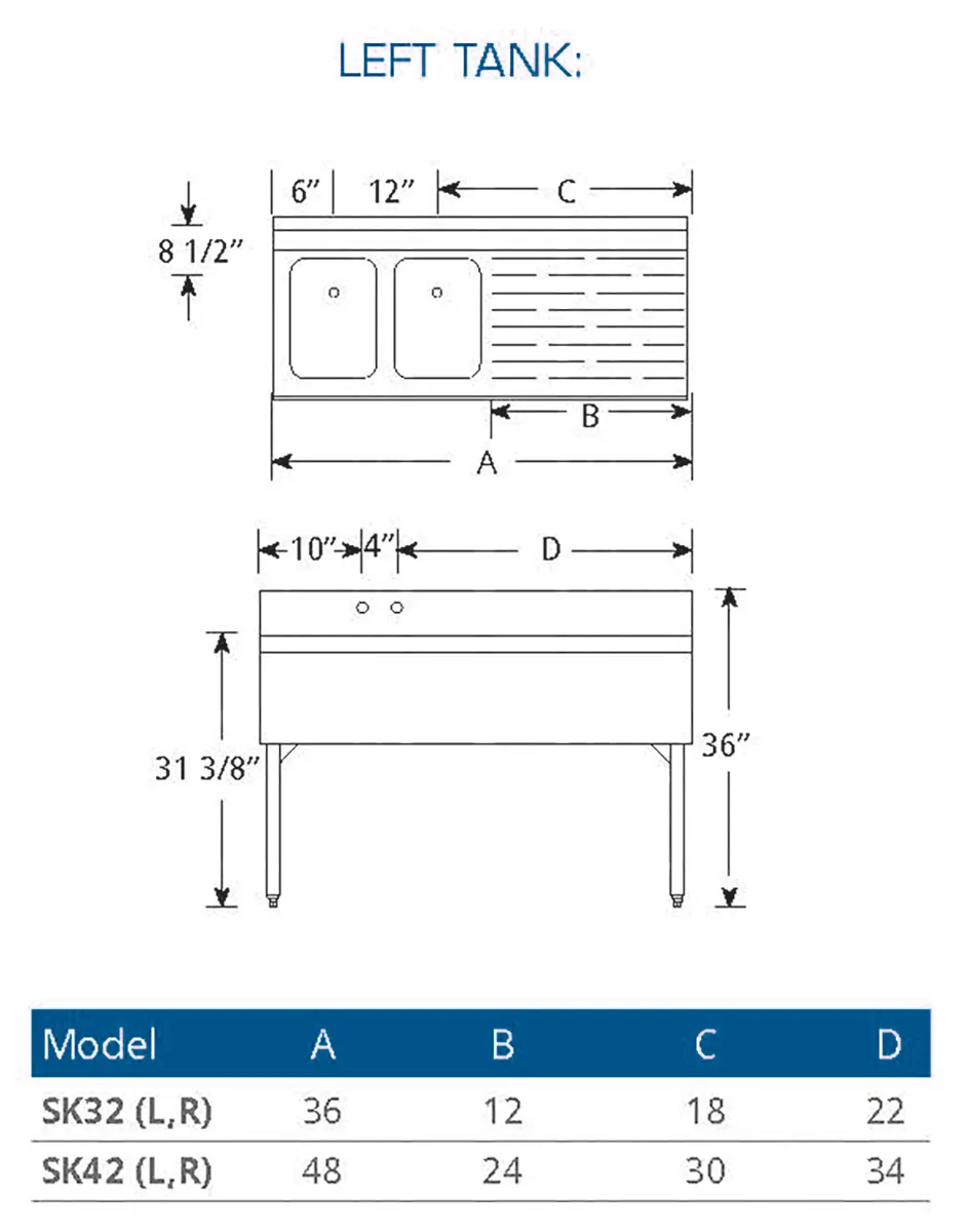 LaCrosse SK42L Underbar Sink Units, 2 Compartment with Right Drainboard