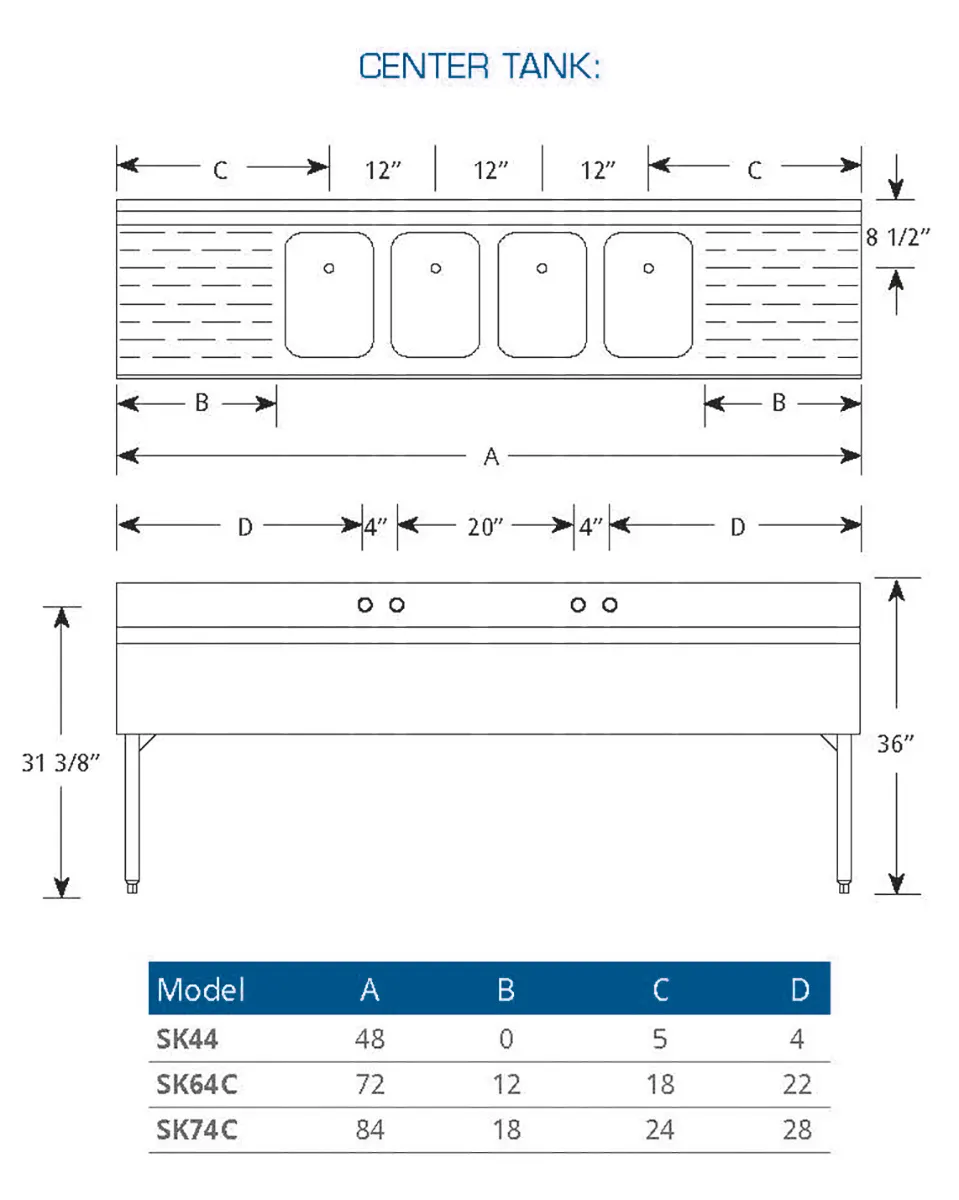 LaCrosse SK44 Underbar Sink Units, 4 Compartment without Drainboard