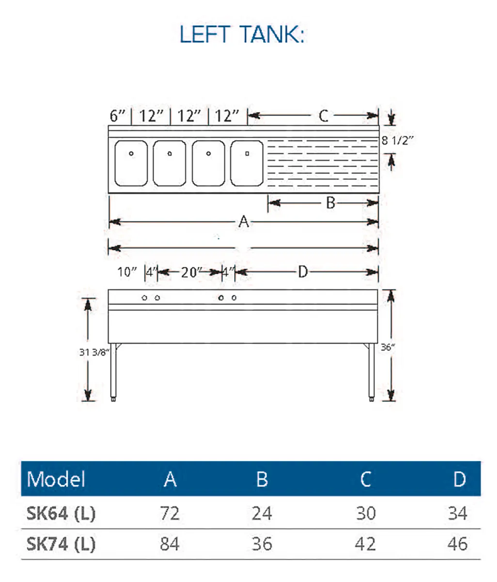 LaCrosse SK64L Underbar Sink Units, 4 Compartment with Right Drainboard