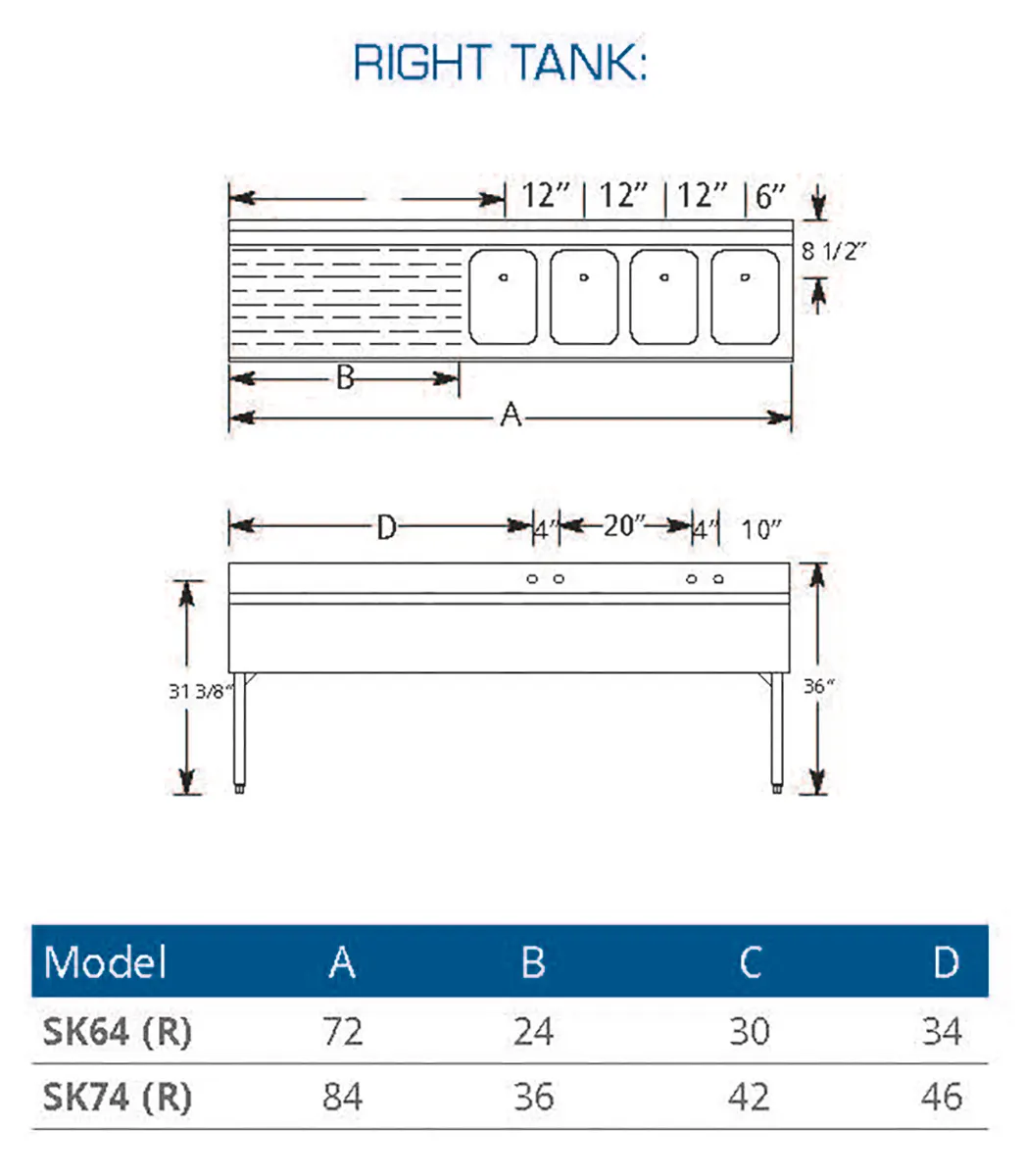 LaCrosse SK64R Underbar Sink Units, 4 Compartment with Left Drainboard