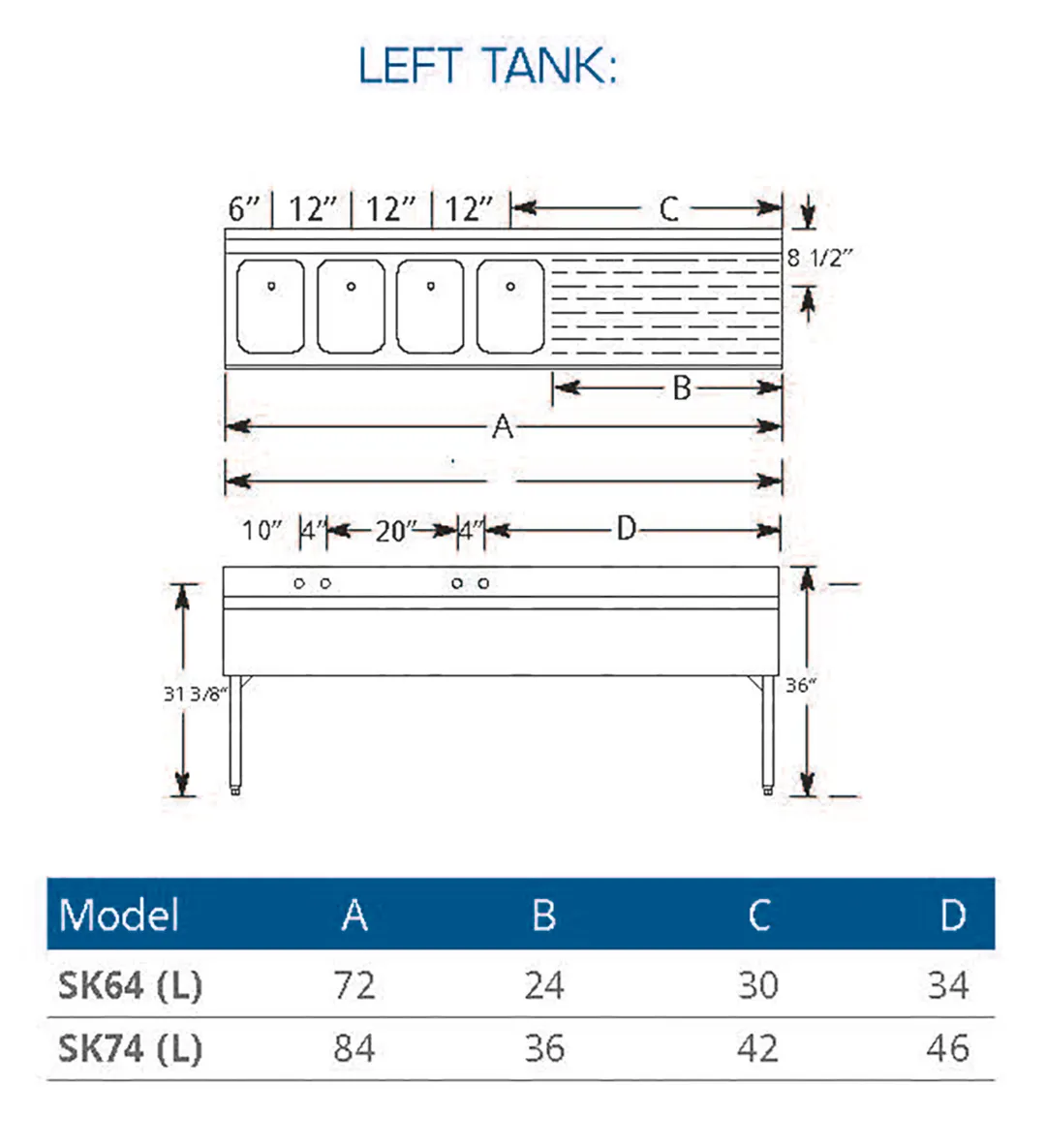 LaCrosse SK74L Underbar Sink Units, 4 Compartment with Right Drainboard