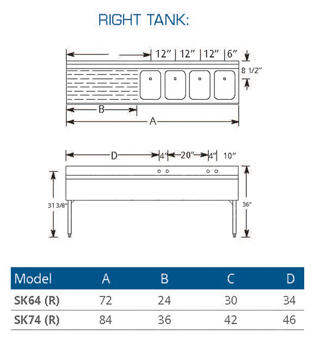 LaCrosse SK74R Underbar Sink Units, 4 Compartment with Left Drainboard