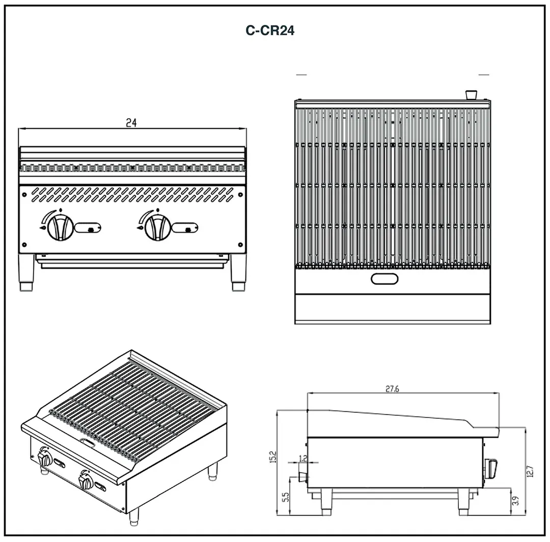 Migali C-CR24 24" Countertop Gas Lava Rock Charbroiler w/ (2) Burners, 70.000 BTU