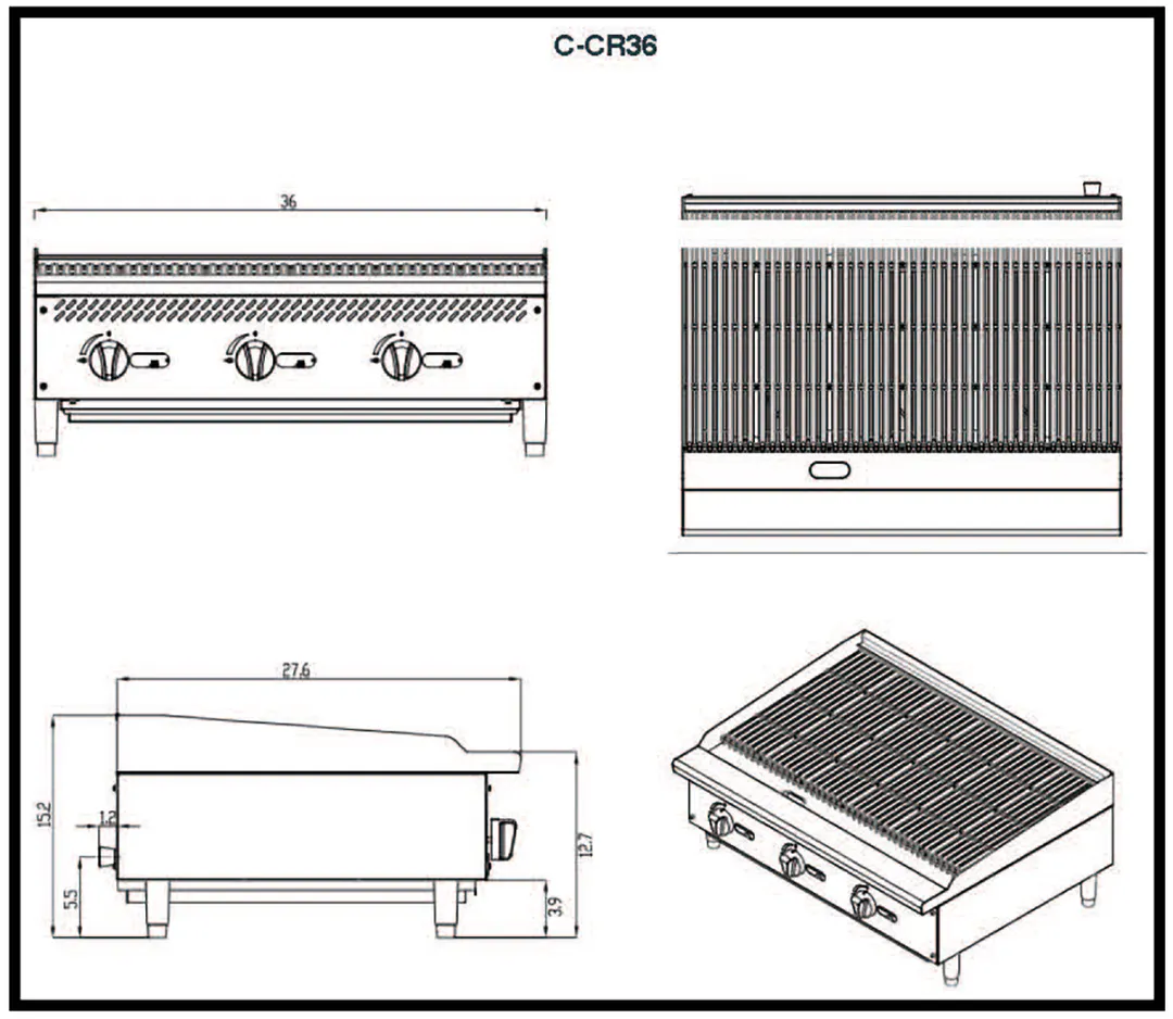 Migali C-CR36 36" Countertop Gas Lava Rock Charbroiler w/ (3) Burners, 105.000 BTU
