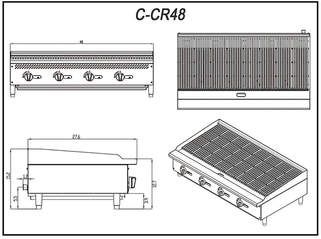Migali C-CR48 48" Countertop Gas Lava Rock Charbroiler w/ (4) Burners, 140.000 BTU