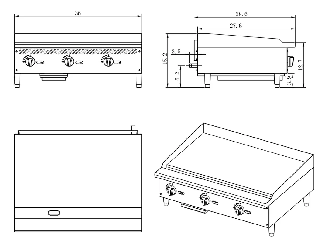 Migali C-G36T 36" Countertop Thermostatic Gas Griddle, 3/4" Smooth Steel Plate, 75.000 BTU