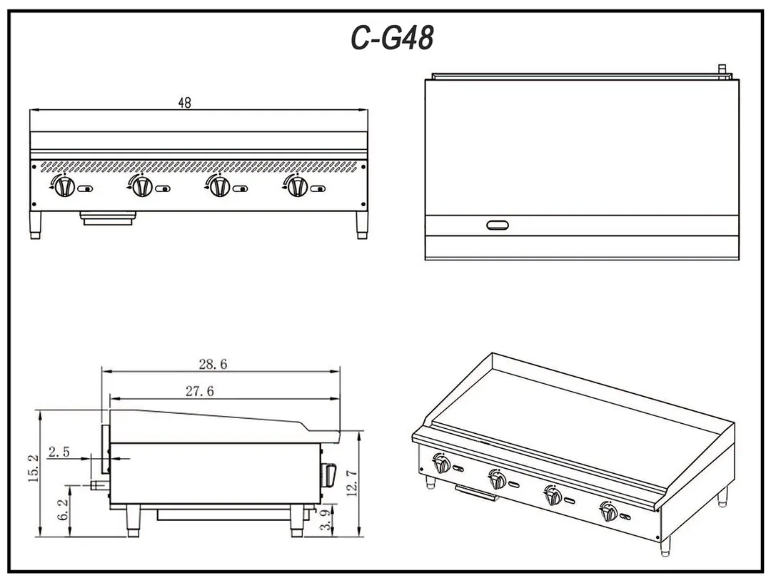 Migali C-G48 48" Countertop Manual Gas Griddle w/ 3/4" Smooth Steel Plate, 120.000 BTU