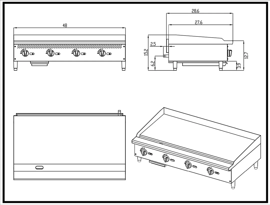 Migali C-G48T 48" Countertop Thermostatic Gas Griddle, 3/4" Smooth Steel Plate, 100.000 BTU