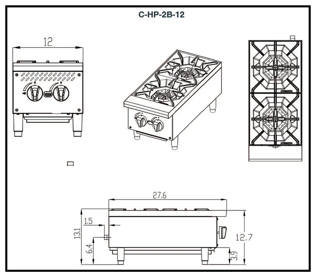 Migali C-HP-2B-12 12" Countertop Gas Hotplate w/ (2) Burners, Manual Controls, 50.000 BTU