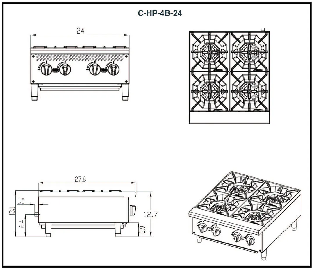 Migali C-HP-4B-24 24" Countertop Gas Hotplate w/ (4) Burners, Manual Controls, 100.000 BTU