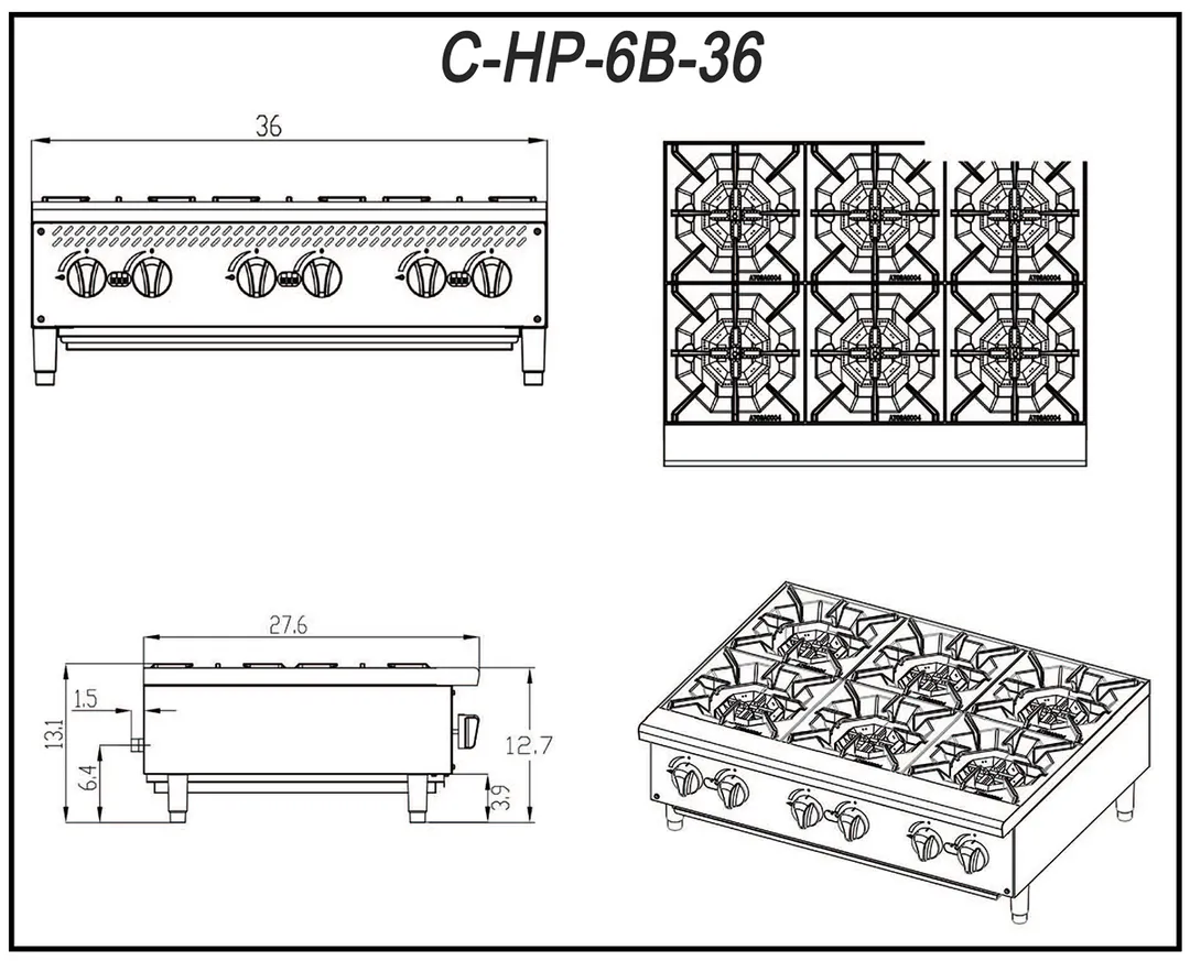 Migali C-HP-6B-36 36" Countertop Gas Hotplate w/ (6) Burners, Manual Controls, 150.000 BTU
