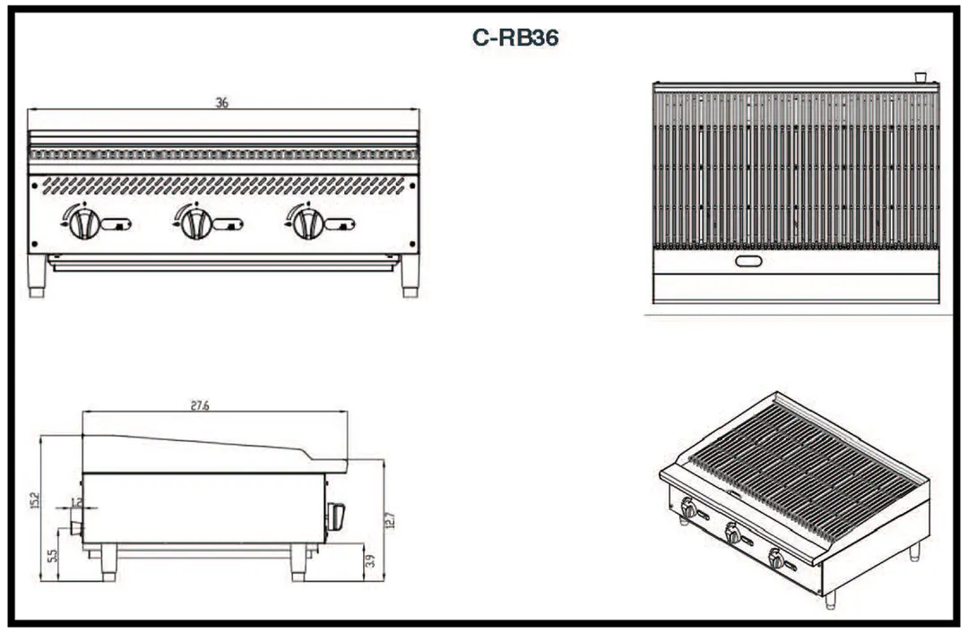 Migali C-RB36 36" Countertop Gas Radiant Charbroiler w/ (3) Burners, 105.000 BTU