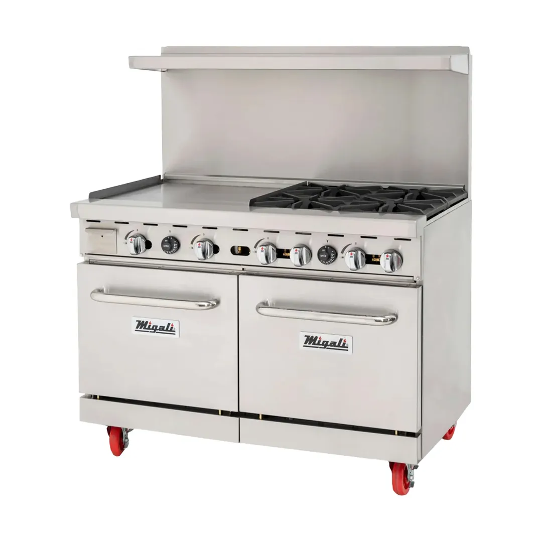 Migali C-RO4B-24GL-LP 4 Burner 48" LP Gas Range, 24" Griddle, 2 Space Saver Ovens, 188.000 BTU