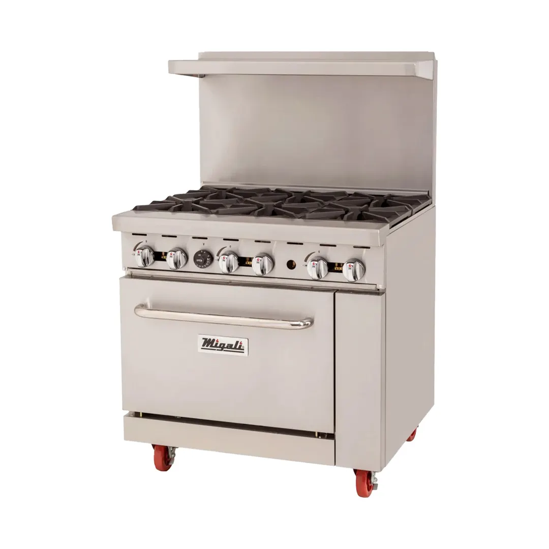 Migali C-RO6B-NG 6 Burner 36"  Natural Gas Restaurant Range  w/ Standard Oven, 177.000 BTU