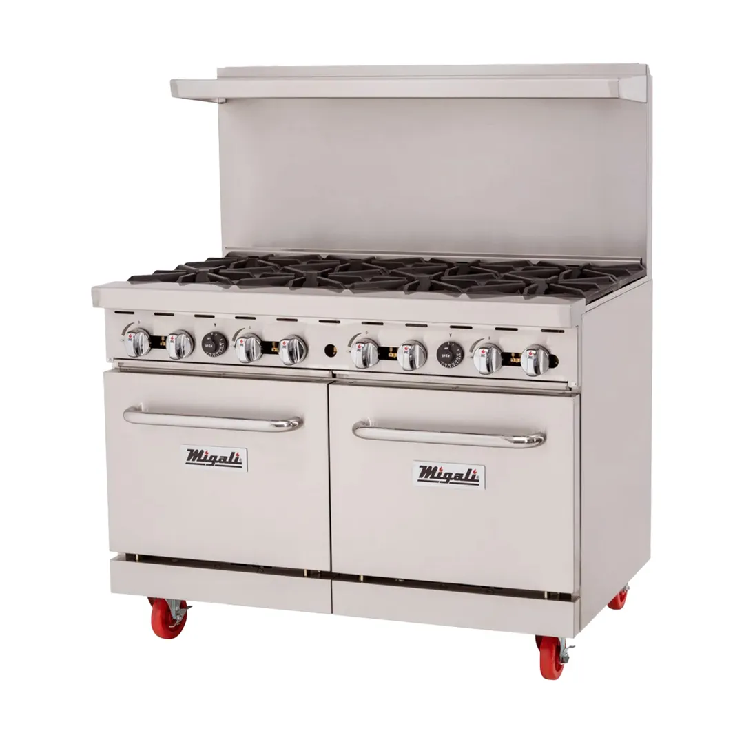 Migali C-RO8B-NG 8 Burners 48" Gas Restaurant Range w/ (2) Space Saver Ovens, 248.000 BTU