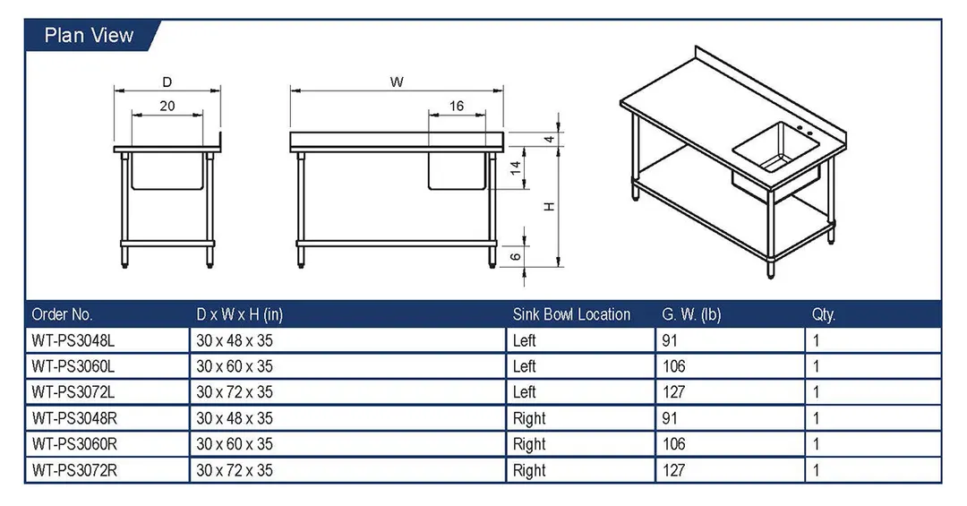 GSW USA WT-PS3060R 60" Prep Table Sink Unit, Bowl on Right with Faucet - 16 Gauge