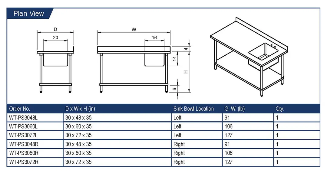 GSW USA WT-PS3072R 72" Prep Table Sink Unit, Bowl on Right with Faucet - 16 Gauge