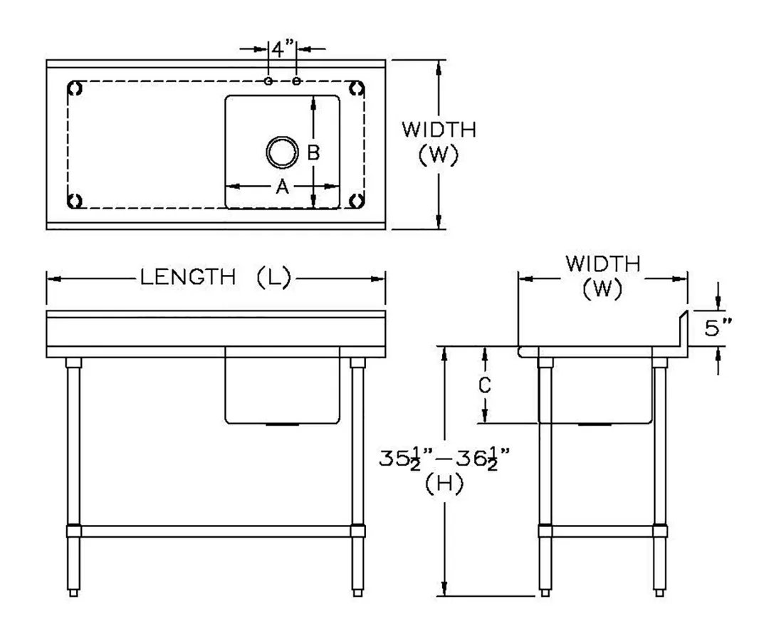Sapphire Manufacturing SMTPS-2448R 48" Work Table with Prep Sink, Bowl On Right - 16 Gauge