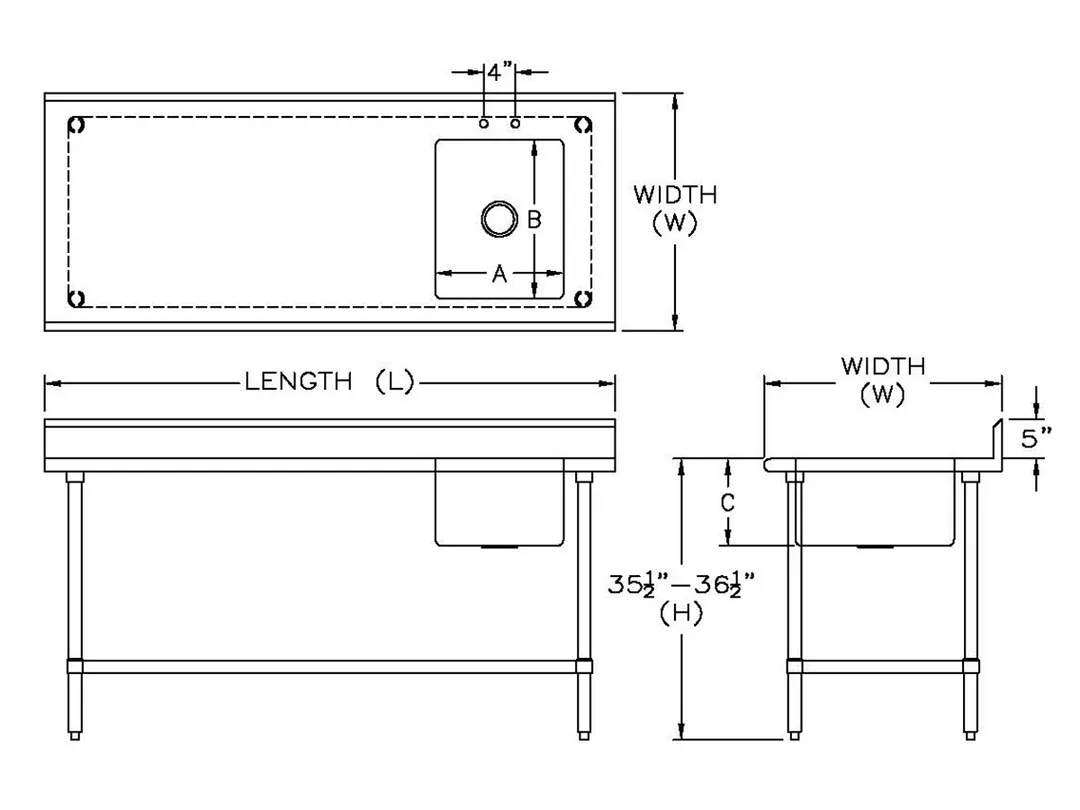 Sapphire Manufacturing SMTPS-3048R 48" Work Table with Prep Sink, Bowl On Right - 16 Gauge