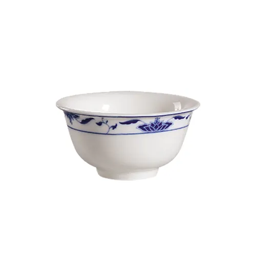 CAC China 103-63 Blue Lotus Rice Bowl, 6 Oz., 3-3/4" Dia. X 1-7/8" H, Porcelain, Blue/Bone White - Dozen