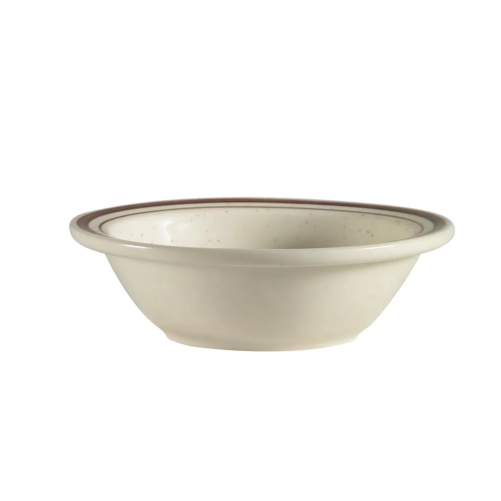 CAC China AZ-11 Fruit Dish, 5 oz, 4-3/4" dia x 1" H, Narrow Rim, Ceramic, Brown Rim - Dozen