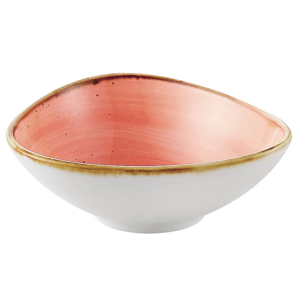 CAC China TUS-TB5-CRL Bowl 6 Oz. 4-3/4"x4-3/8" x1-3/4" Triangular Porcelain Coral Glaze - Dozen