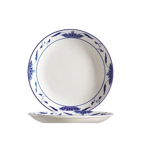 CAC China 103-16C Blue Lotus Plate, 10" Dia X 1-1/4" H, Coupe Rim, Porcelain, Blue/White - Dozen