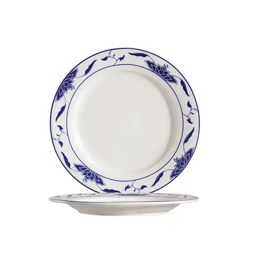 CAC China 103-6 Blue Lotus Plate, 6-1/4" Dia. x 3/4" H, Round, Rolled Edge, Porcelain - Dozen