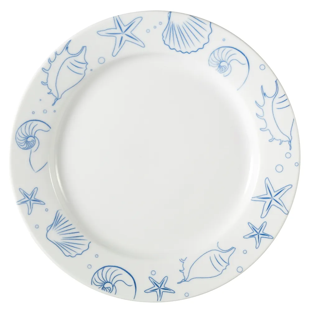 CAC China ATC-21 Atlantic Seashell Plate, 12" Dia x 1-1/4" H, Porcelain, Blue Rim White - Dozen