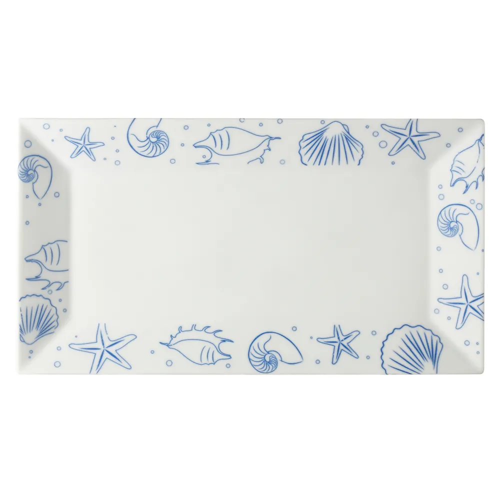 CAC China ATC-RT51 Platter, 14-1/2" L x 8-1/4" W x 1-1/4" H, Porcelain, Blue Rim, White - Dozen