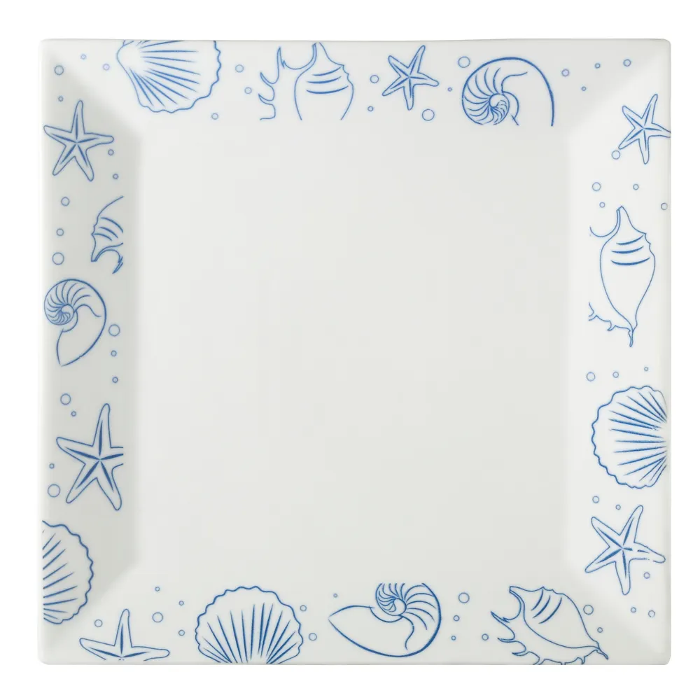 CAC China ATC-SQ21 Seashell Plate, 12" x 12" x 1" Square Porcelain, Blue Rim / White - Dozen