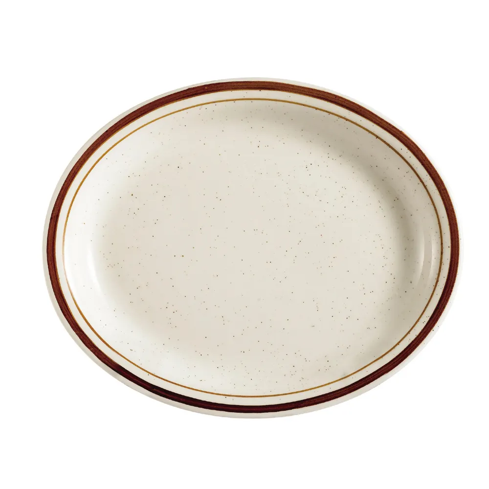 CAC China AZ-13 Platter, 11-1/2" L x 9" W x 1" H, Brown Rim/Brown Speckled White Stoneware - Dozen