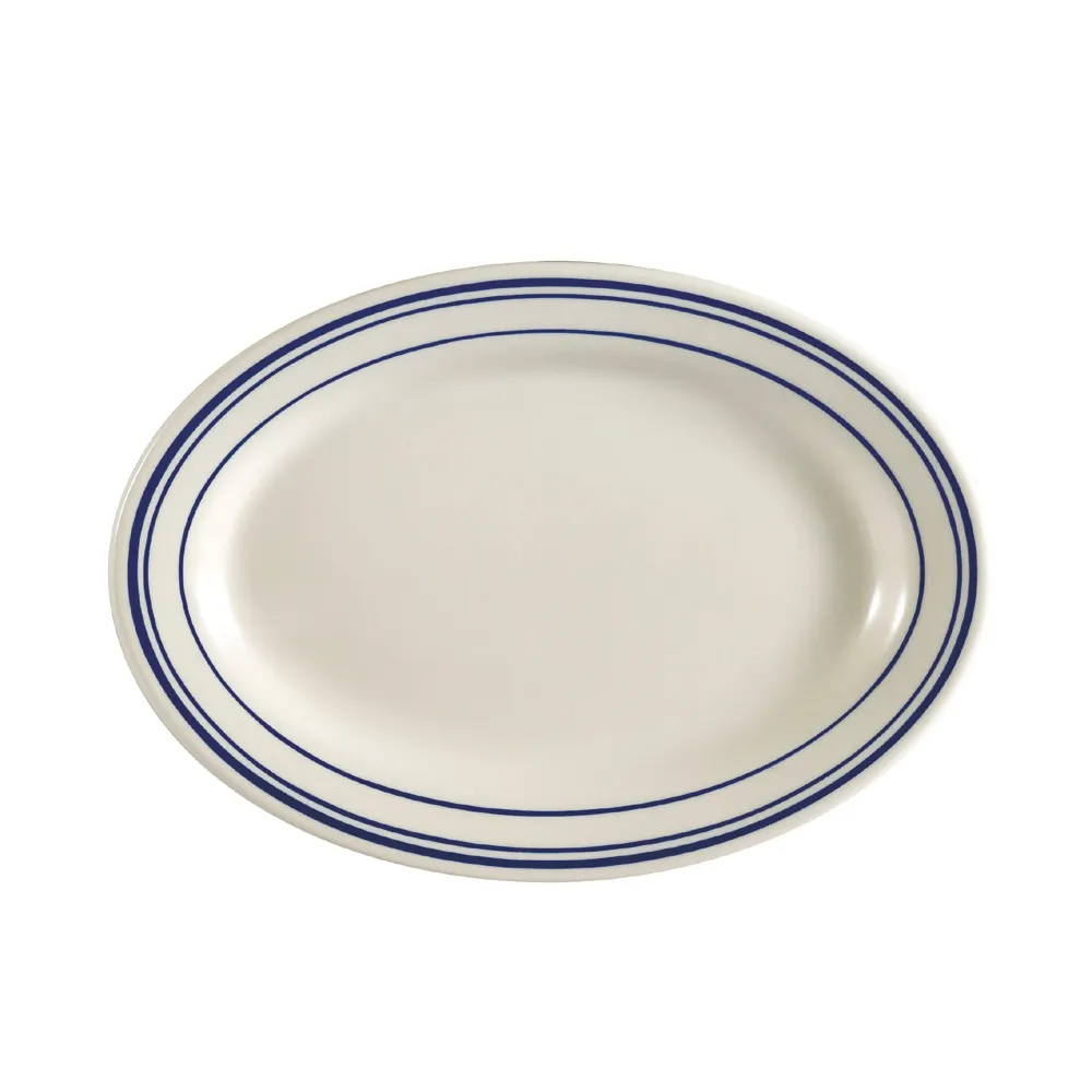 CAC China BLU-13 Blue Platter, 11.5" L x 8.25" W x 1.25" H, Ceramic, Blue/White - Dozen