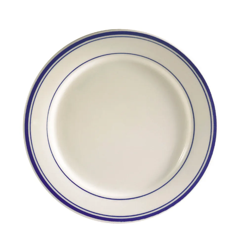 CAC China BLU-21 Blue Line Plate, 12" Dia x 1-1/4" H, Rolled Edge, Ceramic, Dishwasher Safe - Dozen