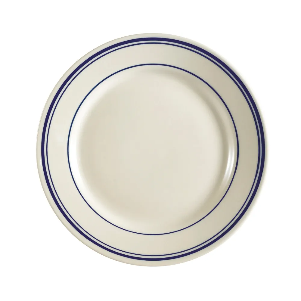 CACChina BLU-8 Blue Line 9" Ceramic Plate, Rolled Edge, Dishwasher/Oven/Microwave Safe - Dozen