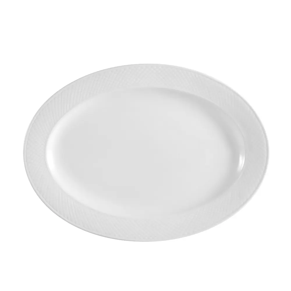 CAC China BST-13 Platter, 11-3/4" L x 7-3/4" W x 1" H, Oval Porcelain, Embossed, Safe - Dozen
