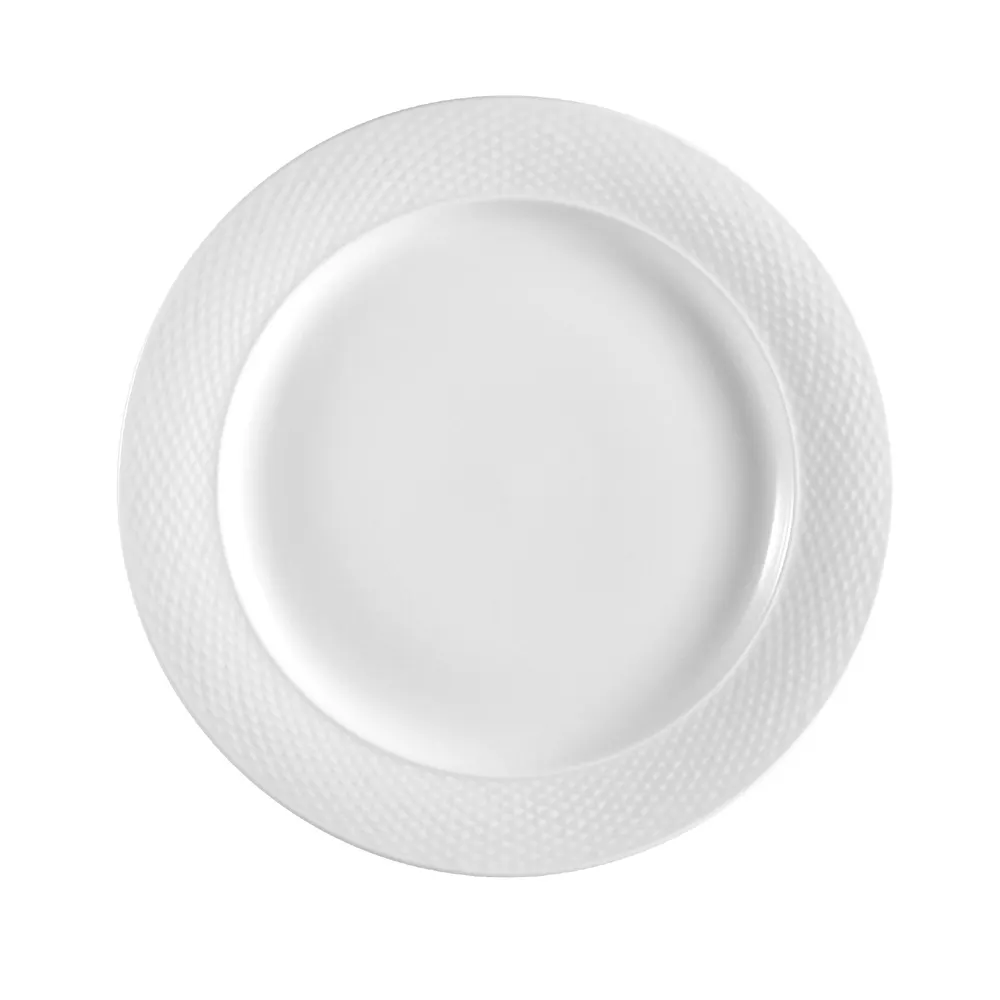CAC China BST-9 Boston Plate, 10" Dia. x 1" H, Round, Embossed Rim, Porcelain, Super White - Dozen