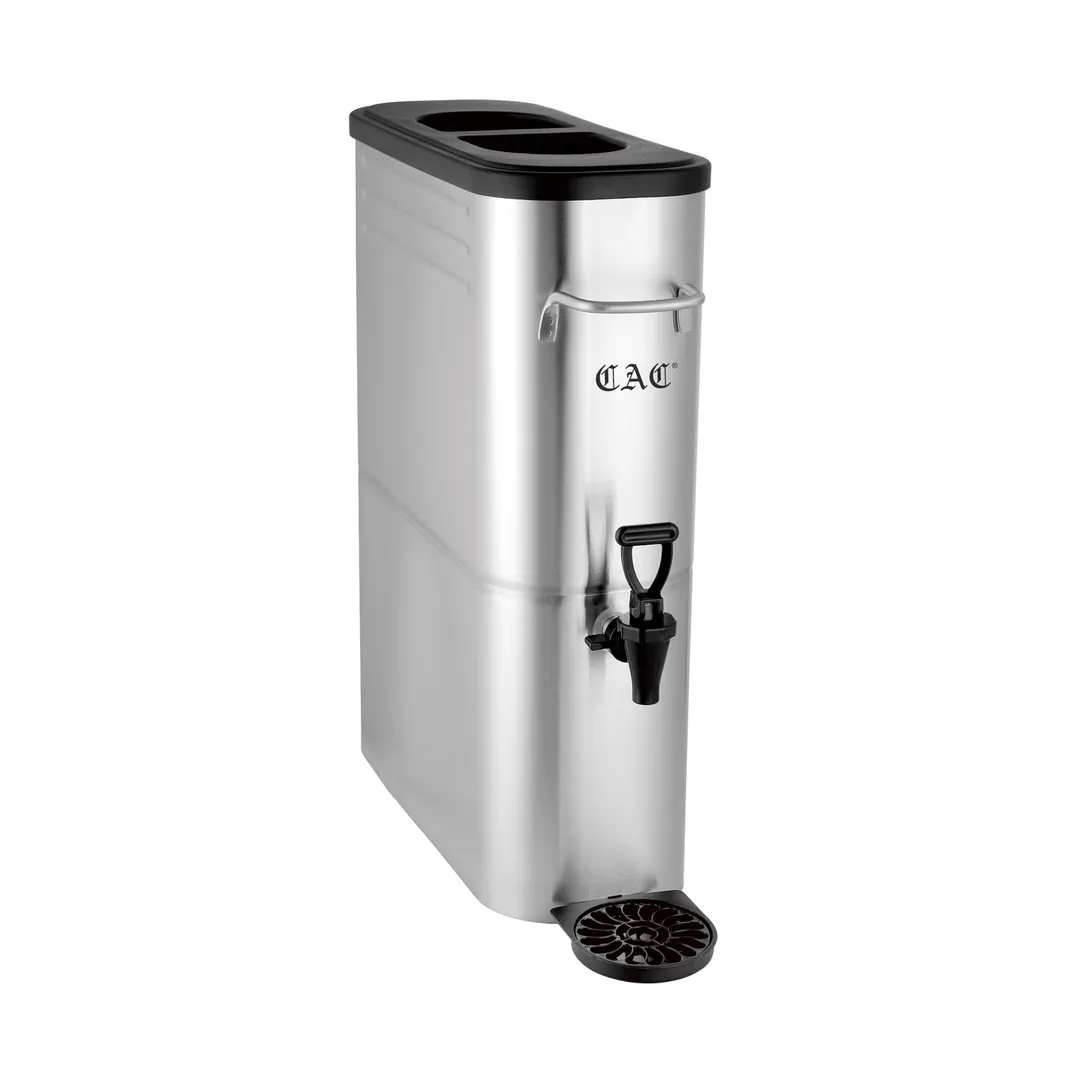 CAC China BVDS-IT5 Iced Tea Dispenser, 5‑Gallon 304 SS, Black Lid, Handles Faucet/Tray, Labels - Set