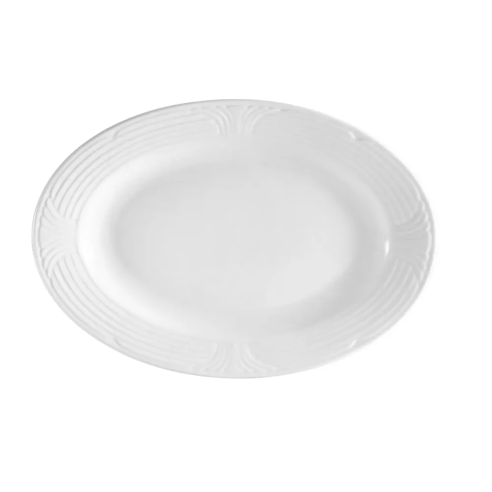 CAC China CRO-51 Corona Platter, 15" L x 10" W x 1-1/2" H, Oval, White Porcelain, Safe - Dozen