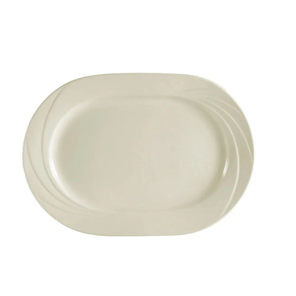 CAC China GAD-94 Platter, 14" L x 10" W x 1-3/8" H Oval Porcelain White with Embossed Rim - Dozen