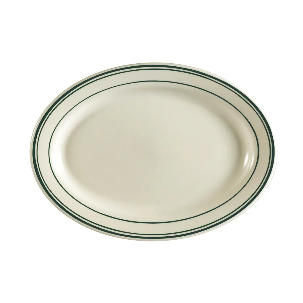 CAC China GS-13 Platter, 11-1/2" L x 8-1/4" W x 1-1/4" H, Oval, Ceramic, Green/White - Dozen