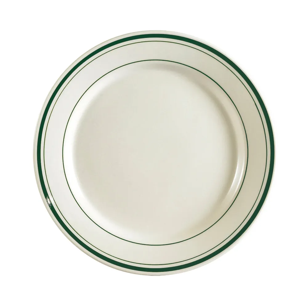 CAC China GS-16 Greenbrier Plate, 10-1/2" Round, Rolled Edge, Ceramic, Green Band White, 1 Dozen