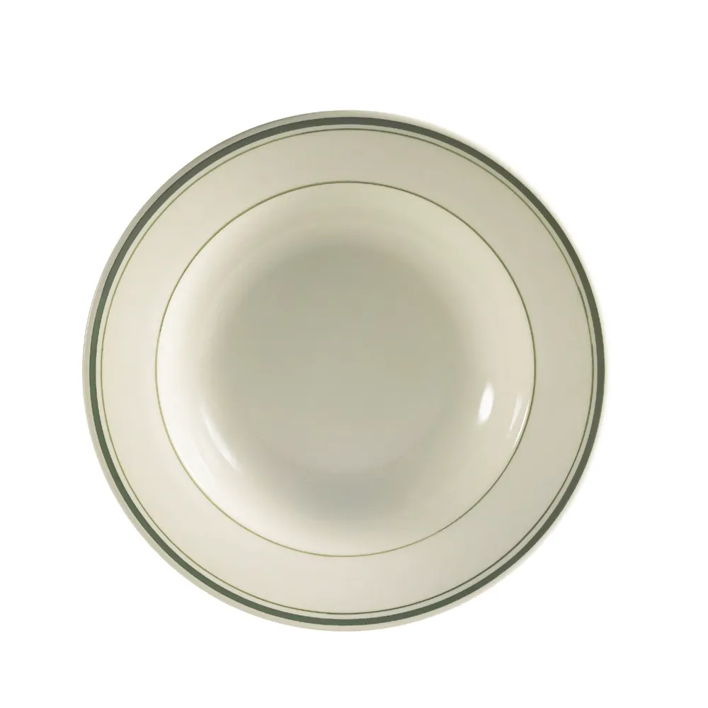 CAC China GS-3 Greenbrier Soup Plate, 9" Dia, 10oz, 2" H, Green Band/White, Stoneware, 1 Dozen