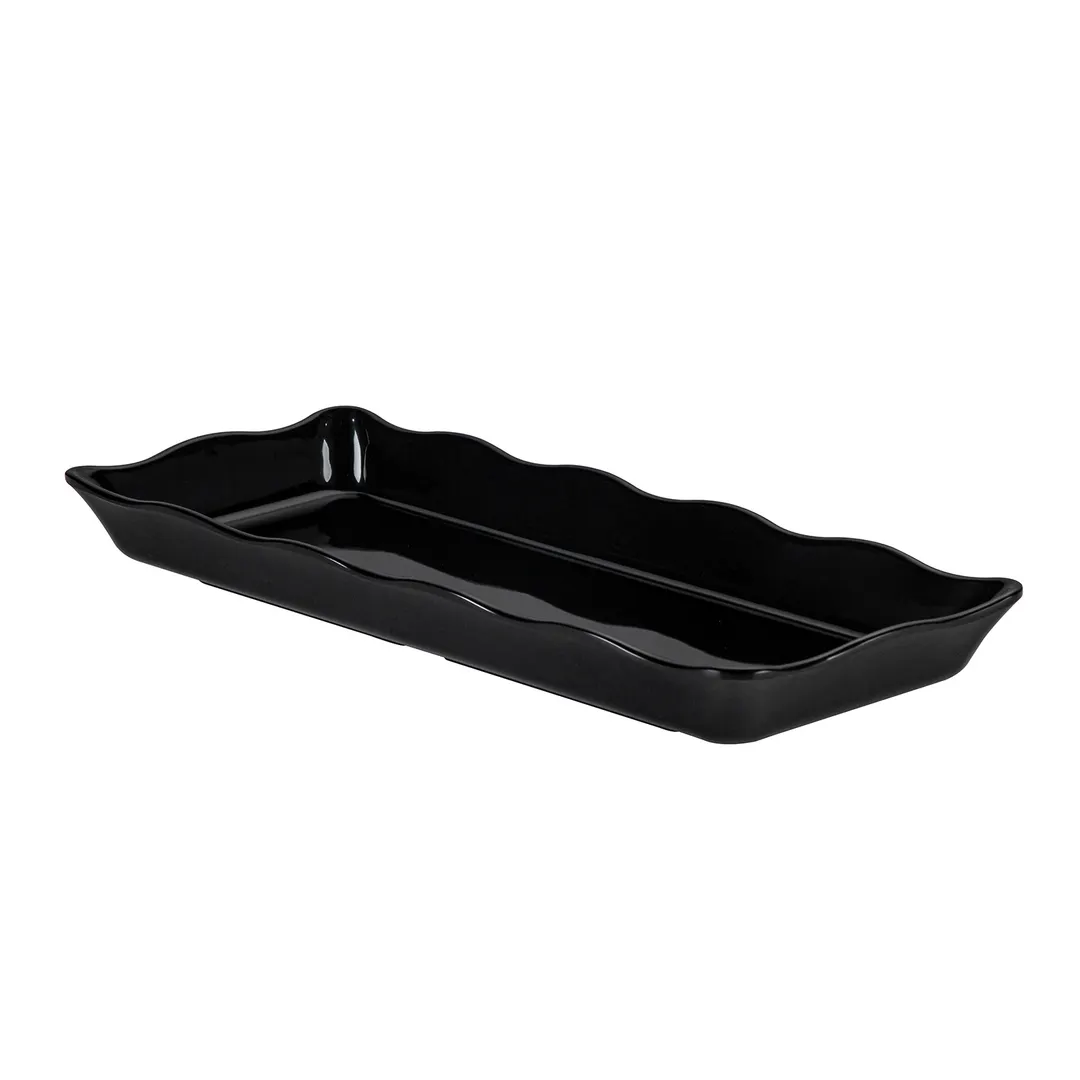 CAC China MLSC-RT151-K Rectangular China Platter 14"W x 5-3/4"D x 1-1/2"H Black Scallop Edge - Dozen