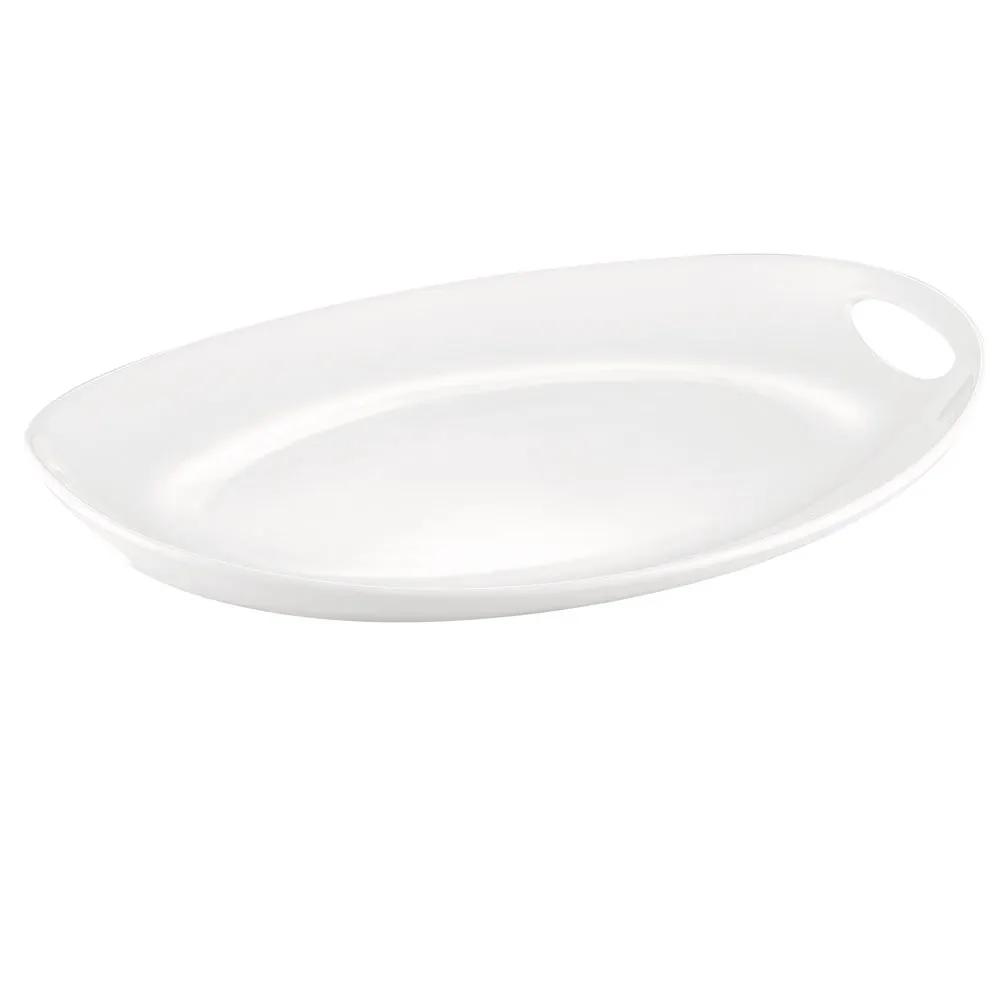 CAC China MX-OT20 Oval Porcelain Tray, 20-1/4"L x 13-1/2"W x 3"H, Deep Rim, 2 Handles, Super White