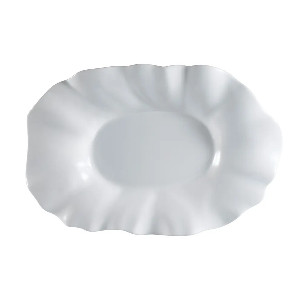 CAC China MX-W25 Porcelain Oblong Platter, 26" L x 17" W x 3-1/2" H, White, Scallop Edge, Wide Rim