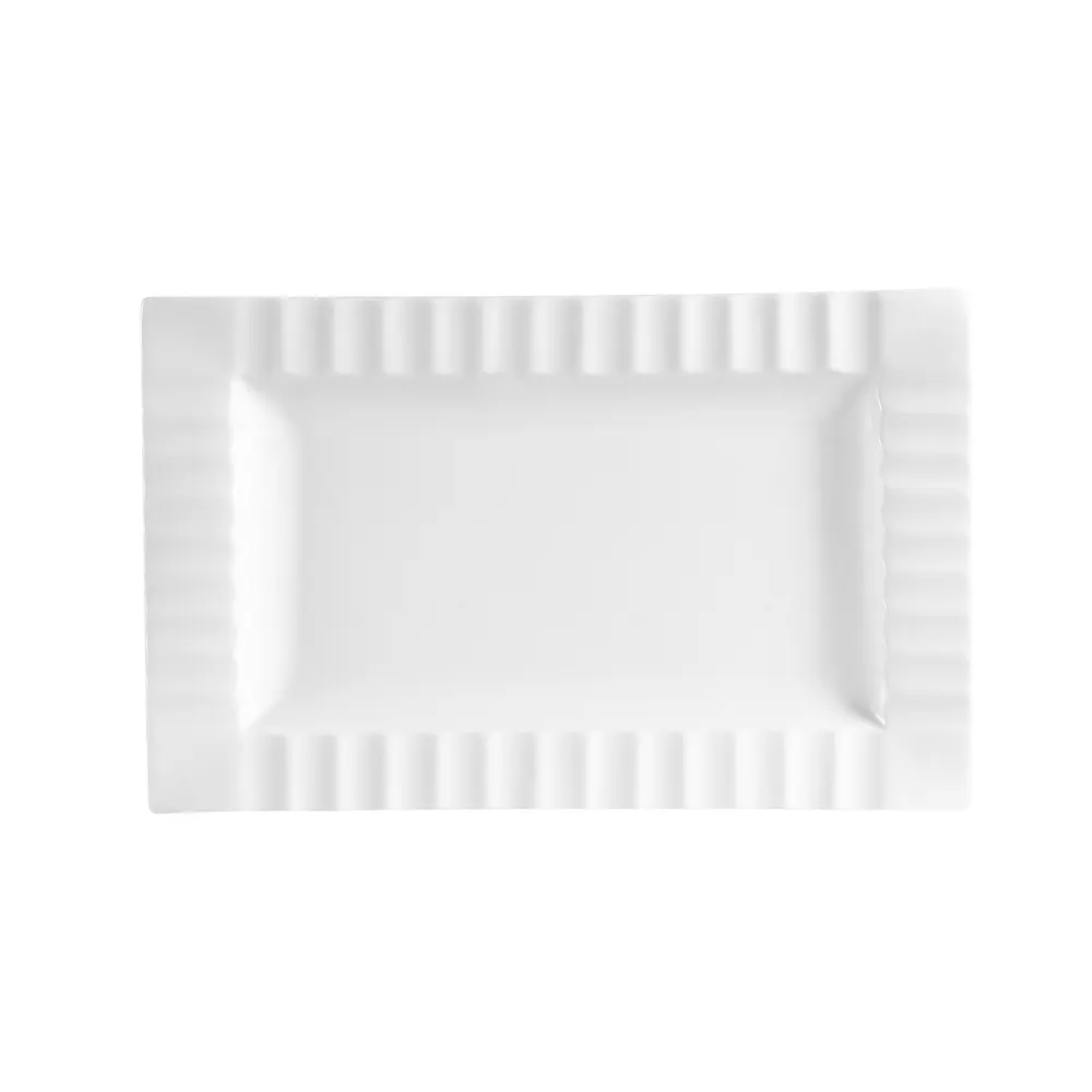 CACChina QE-13 Platter, 12" x 7-5/8" Porcelain Bone White Embossed Rim, Dishwasher Safe - Dozen