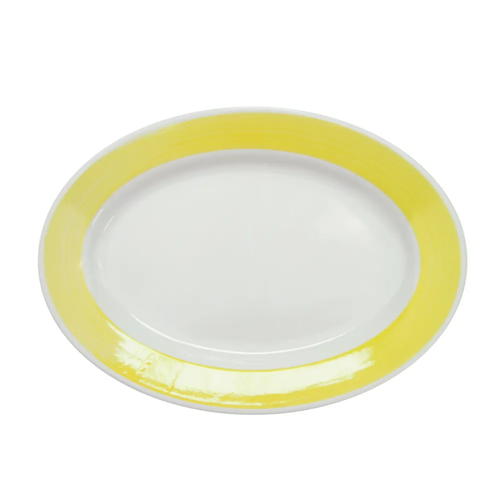 CAC China R-14-Y Rainbow Platter 12-1/2" L x 8-5/8" W x 1-1/2" H Oval Edge Yellow Ceramic - Dozen