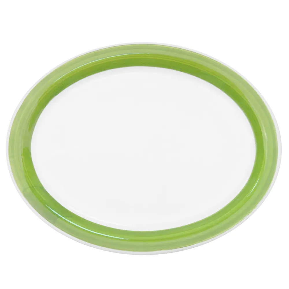 CAC China R-14NR-G - Oval Green Ceramic Platter 13-1/2" L x 10-1/8" W x 1-1/2" H Narrow Rim - Dozen