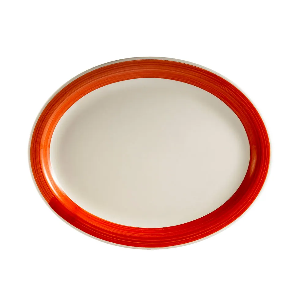 CAC China R-14NR-R Oval Platter 13-1/2" L x 10-1/8" W x 1-1/2" H Red Ceramic Narrow Safe - Dozen